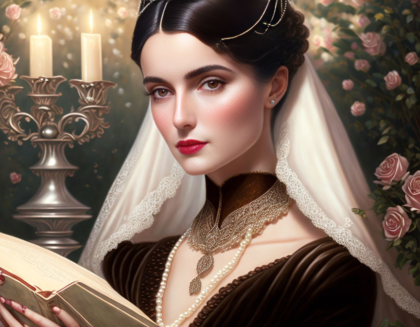 Elegant woman in brown dress with lace veil reading book among candles and roses