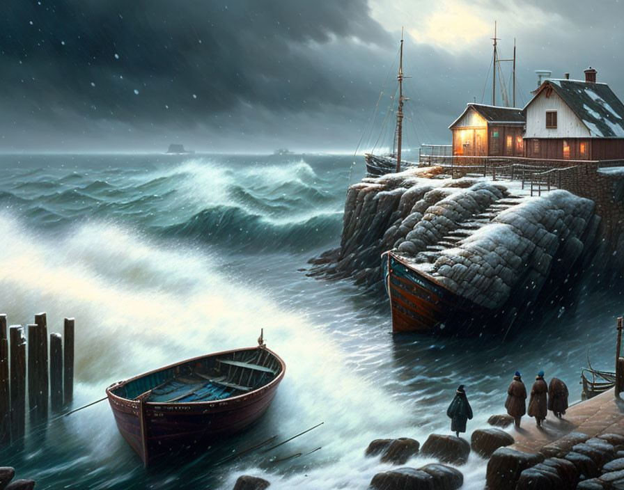 Stormy seaside with small boat, snow-covered rocks, and people near cozy house at dusk