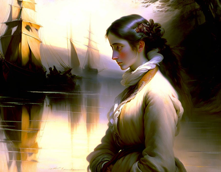 Contemplative woman in historical attire by serene harbor with ships.