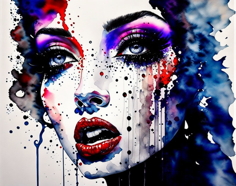 Colorful watercolor portrait of a woman with dramatic makeup and dripping ink details.