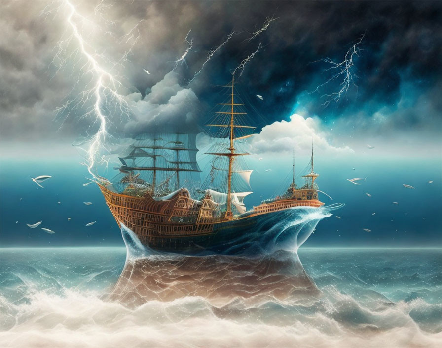 Stormy seas: ship battles towering waves in lightning-lit sky