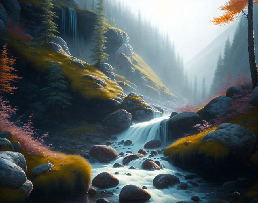 Tranquil waterfall in mystical forest with autumn foliage