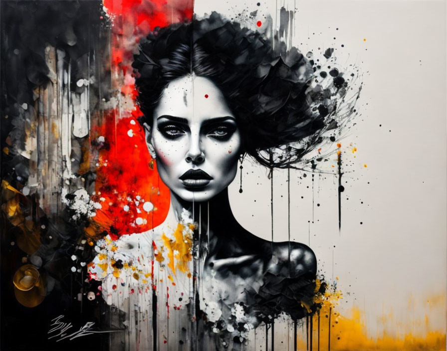 Abstract portrait of a woman with black, white, and red splashes and detailed facial features