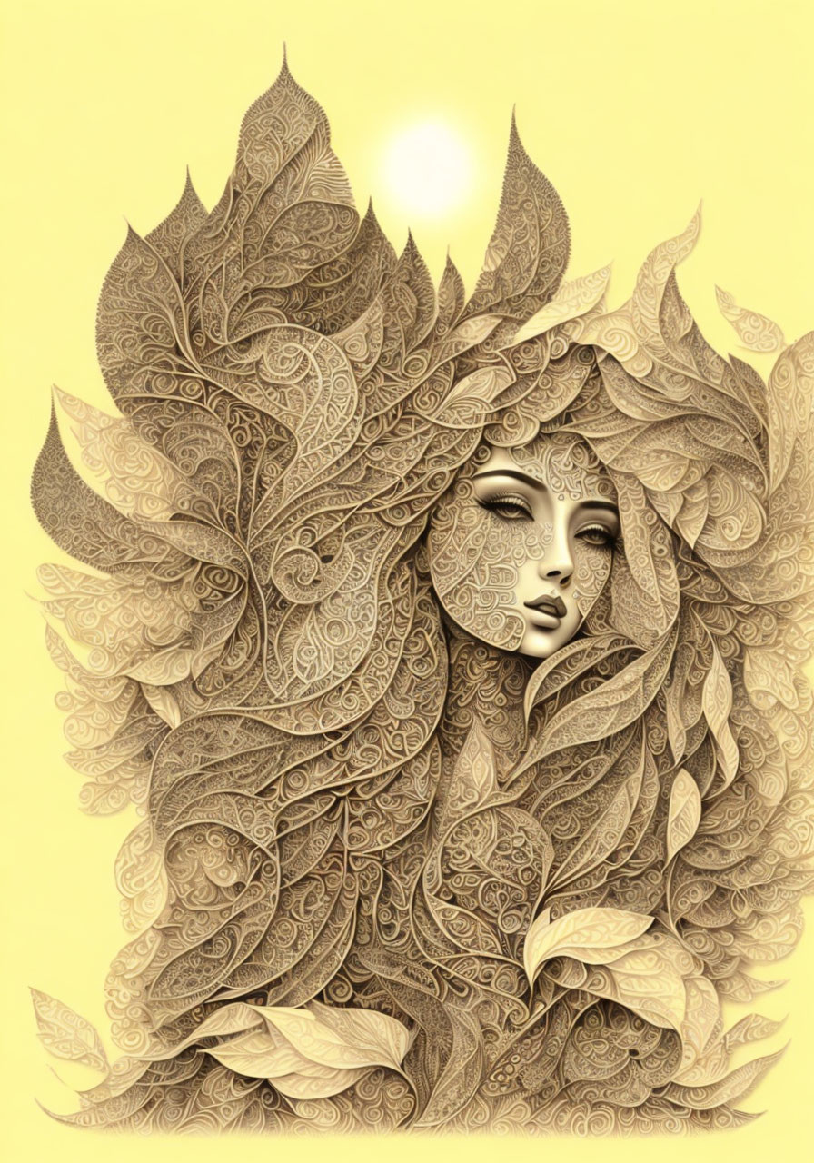 Intricate leaf crown on female figure against yellow background