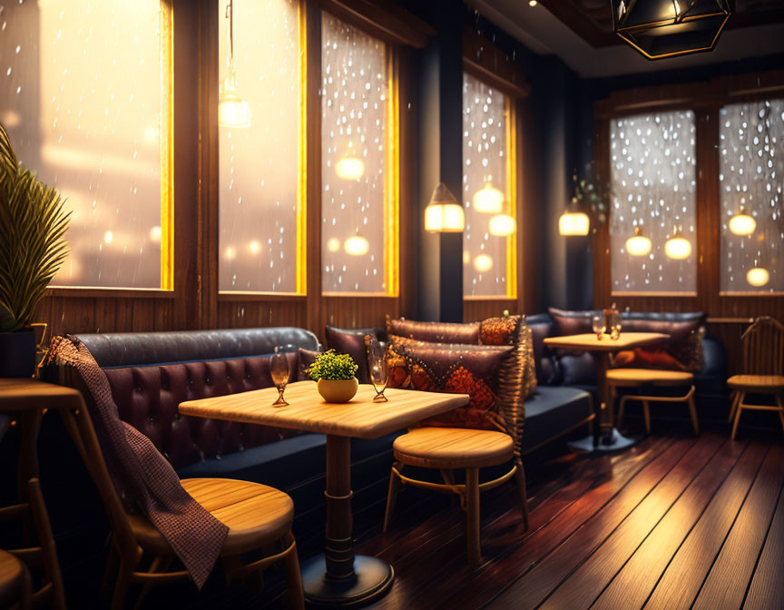 Dimly-lit restaurant interior with plush seating and warm wooden accents