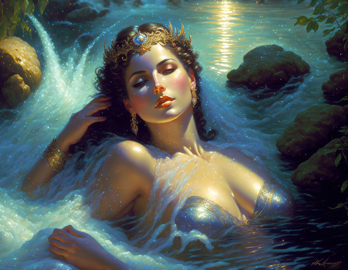 Ethereal woman with golden jewelry in sunlit forest pond