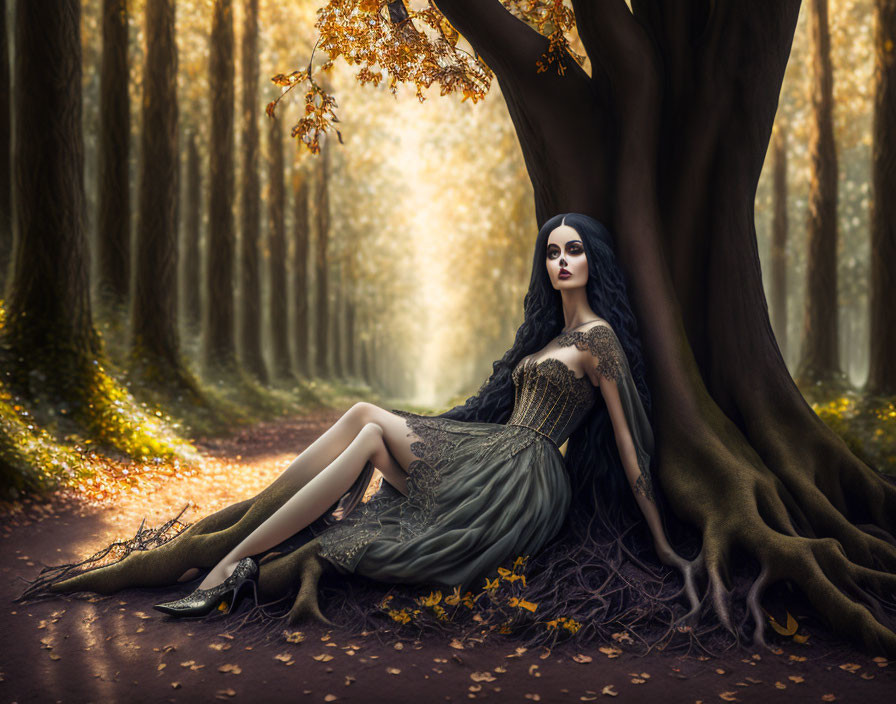 Woman in gothic dress in autumn forest with fallen leaves and path.