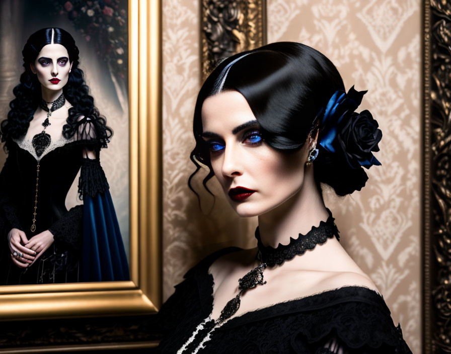 Victorian gothic attire woman with blue flower in hair poses in luxurious interior