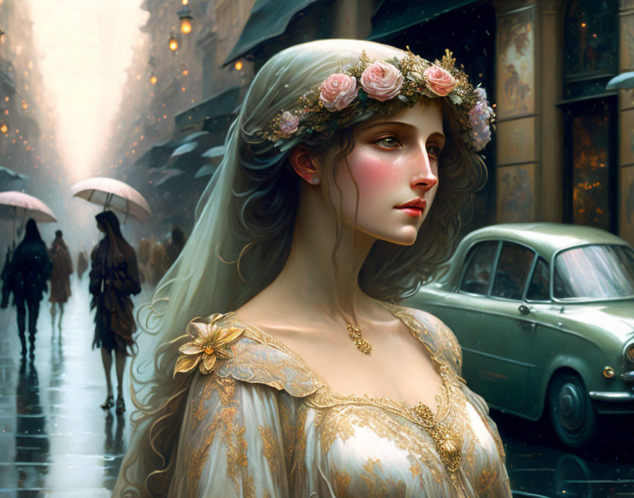 Woman in floral crown & vintage dress on rain-soaked street with classic car & people - illustration