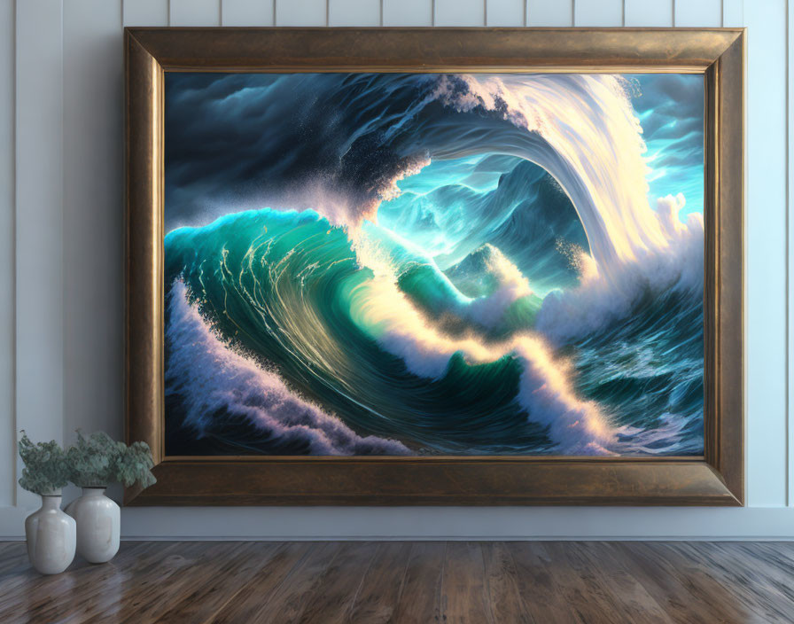 Vibrant ocean wave painting on white wall with vases