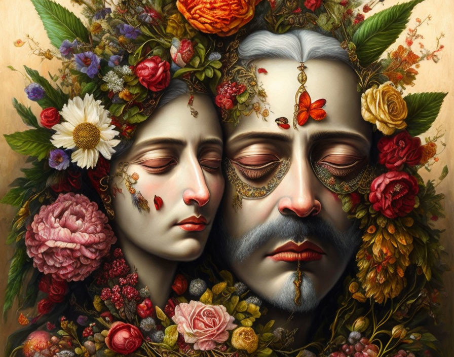 Dual-faced surreal portrait with floral and jewelry adornments.