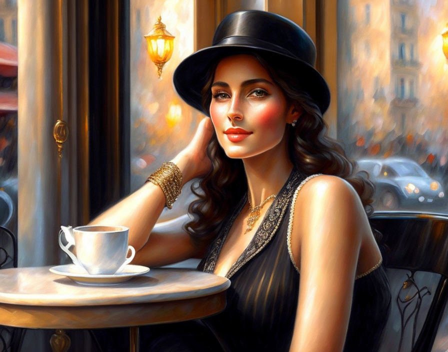 Woman in wide-brimmed hat sipping coffee at cafe table