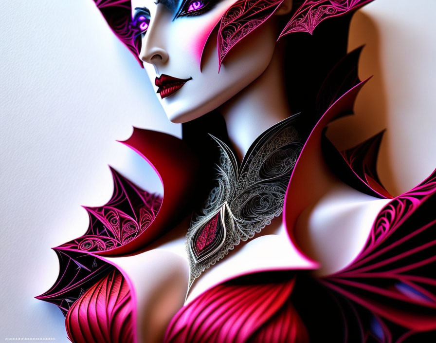 Detailed CGI image: Woman with purple and red wing-like adornments, intricate makeup, ornate silver