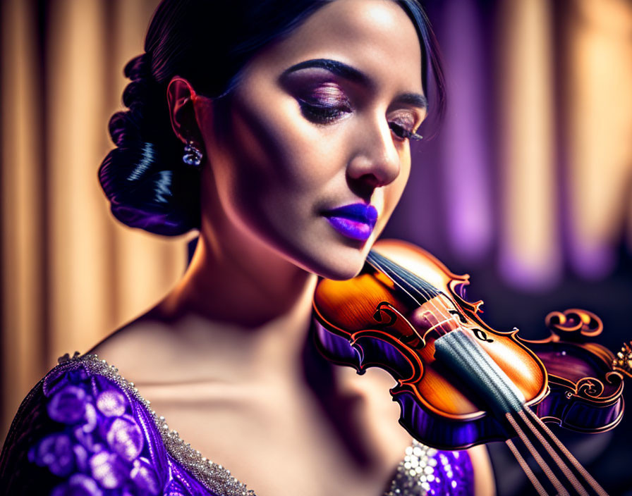 Dark-haired woman with elegant updo holding violin, eyes closed in musical passion