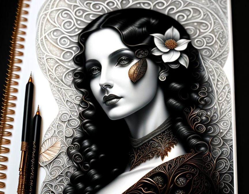 Detailed monochromatic woman illustration with intricate patterns and artistic tools