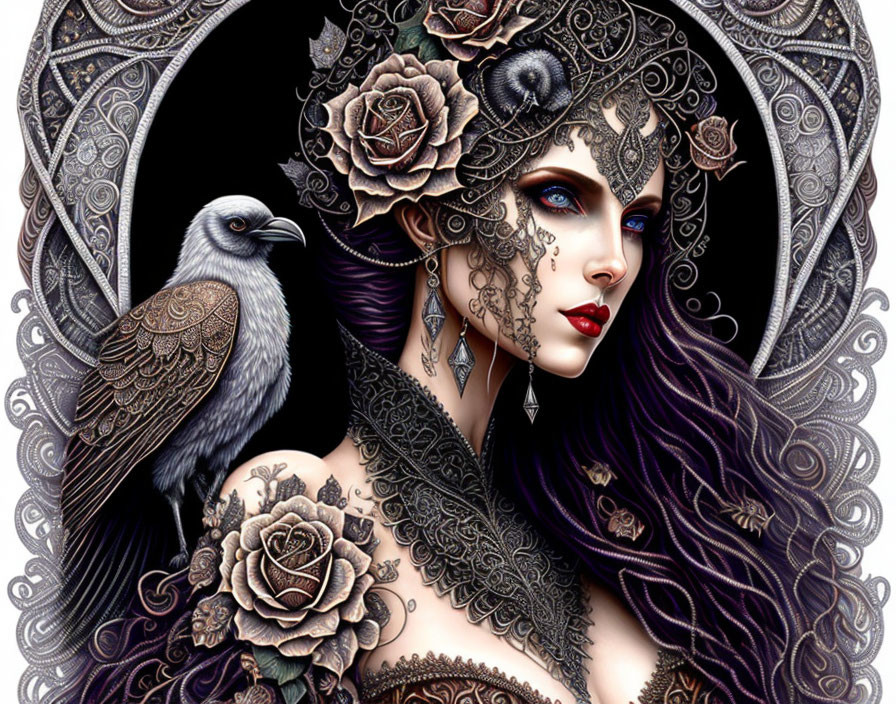 Gothic-style illustration of woman with intricate tattoos and raven.