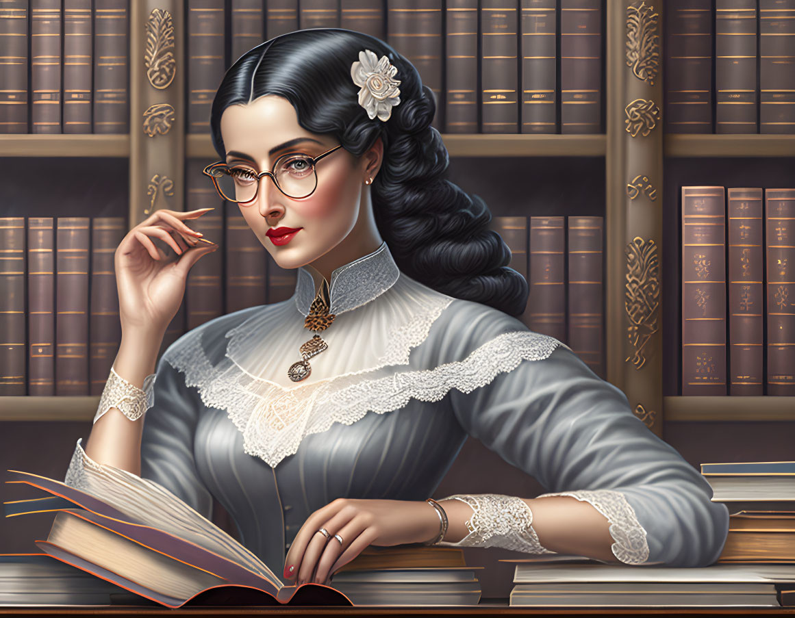 Digital illustration: Woman with glasses and vintage hairstyle reading book in library.