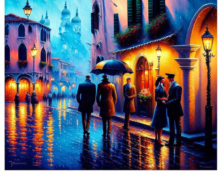 Colorful European Street Scene: People Walking in Rain at Twilight