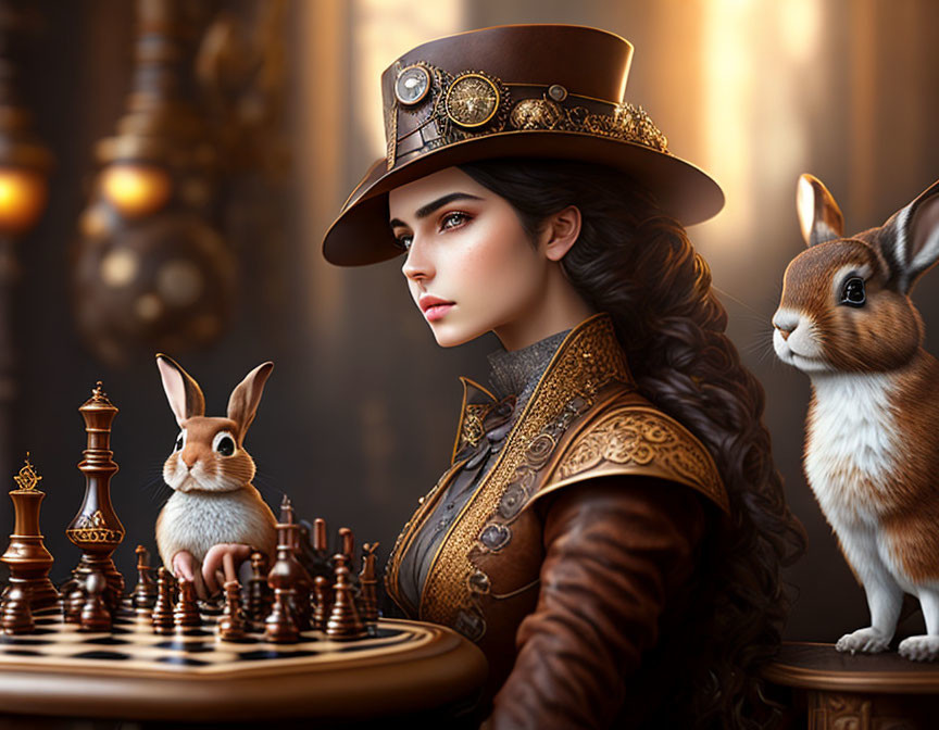 Steampunk-themed woman playing chess with a realistic rabbit