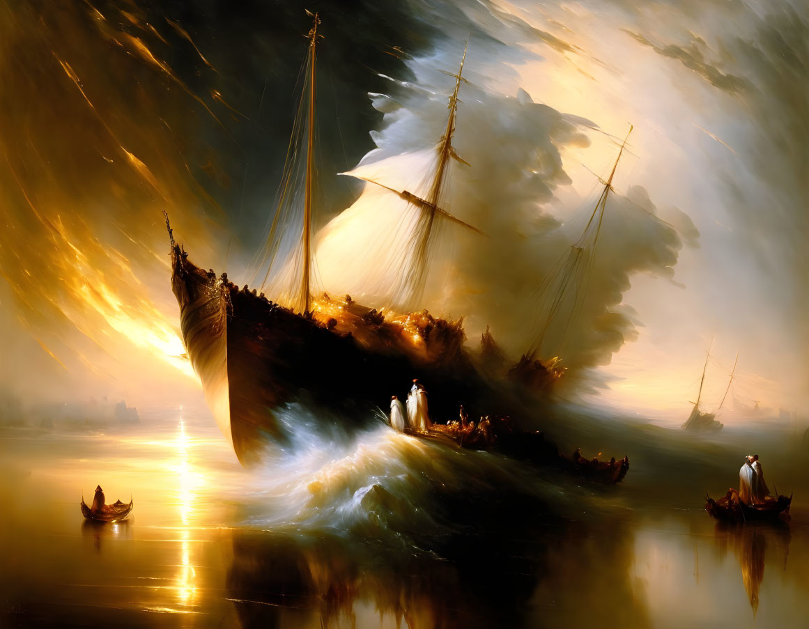 Maritime scene with sailing ships and boats on glowing sea at sunset or sunrise