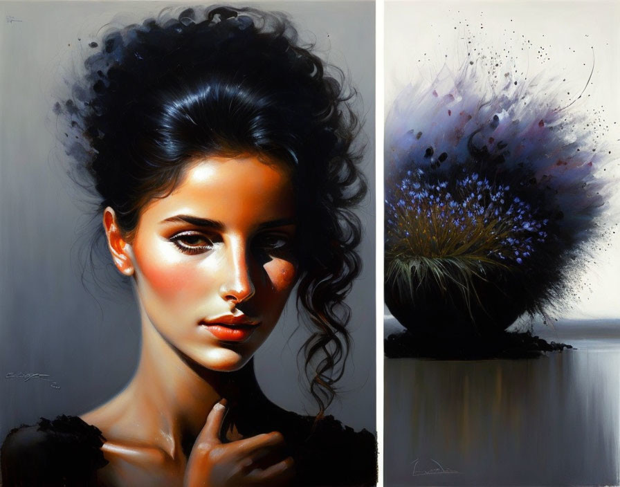 Dark-haired woman with dandelion: Classical portrait diptych capturing beauty and nature