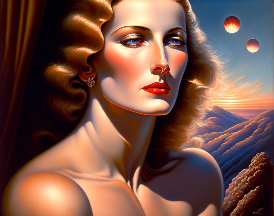 Surreal portrait of woman with wavy blonde hair and celestial background