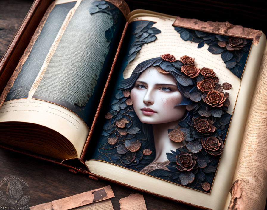 Surreal artistic image: Woman's face from open book