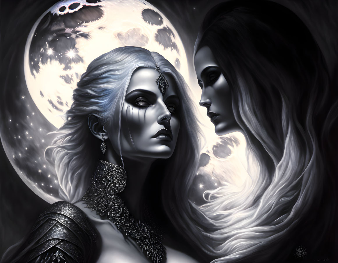 Monochromatic artwork of two ethereal women under a full moon