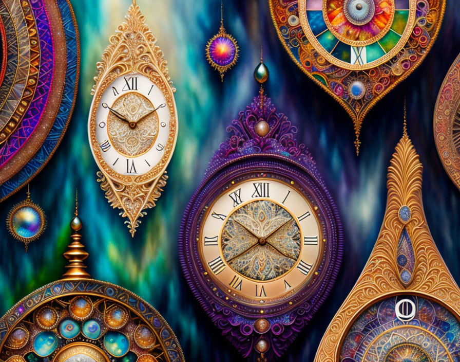 Colorful Mandala Designs with Ornate Clocks and Roman Numerals