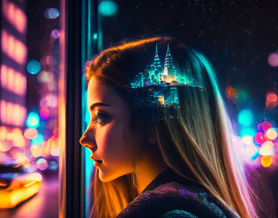 Woman gazing out window with city lights reflecting on glass