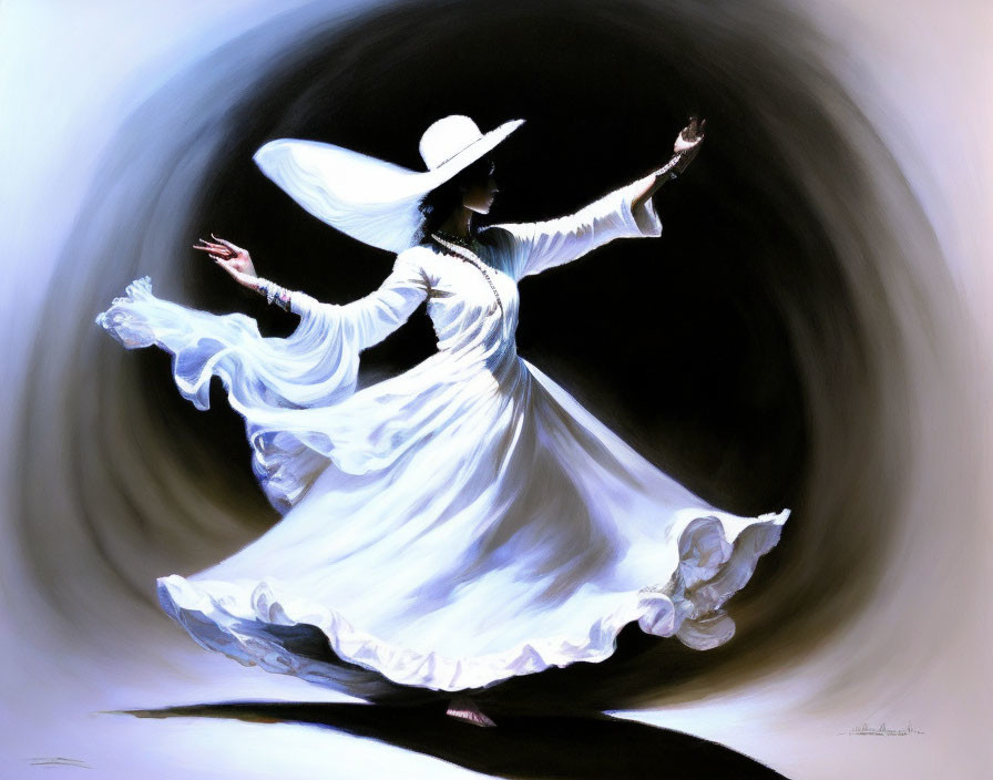 Elegant woman in white dress dancing against swirling background