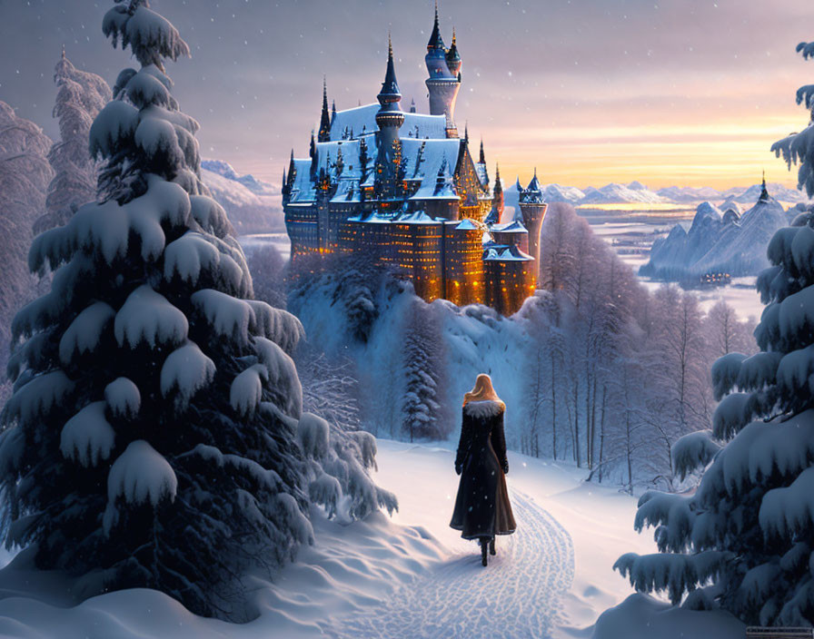 Person in cloak gazes at grand illuminated castle in snowy landscape