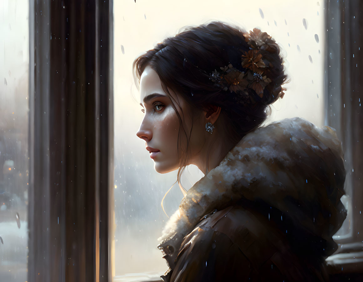 Dark-haired woman adorned with flowers gazes out rain-streaked window in profile.