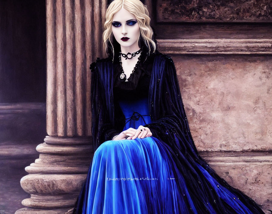 Blonde person in Victorian dress with gothic makeup near stone columns