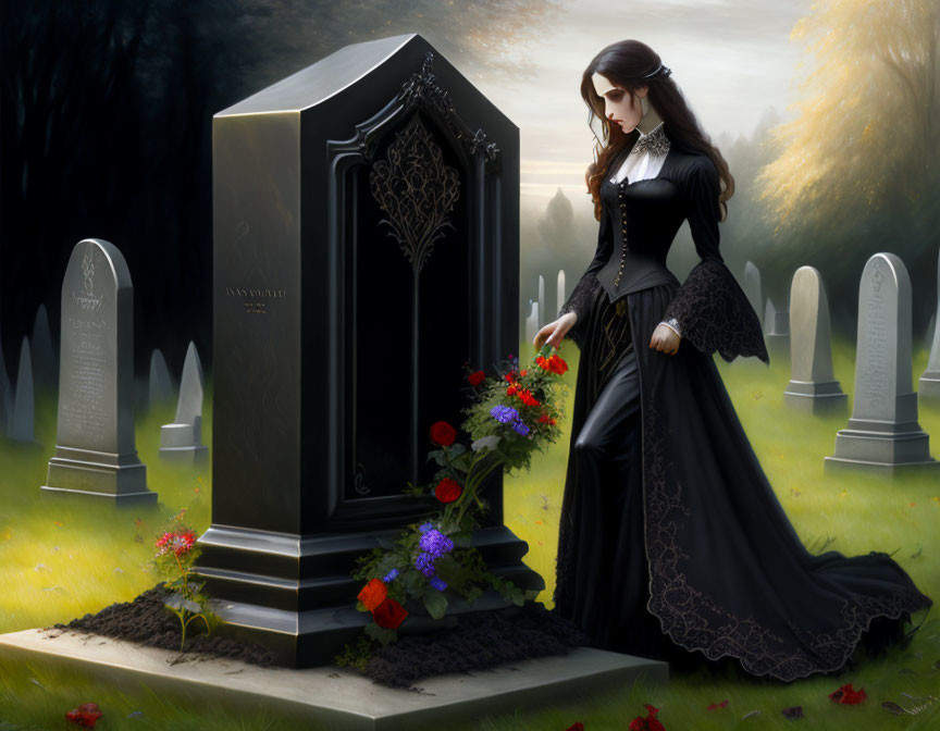 Woman in black dress at misty cemetery with gravestone and flowers