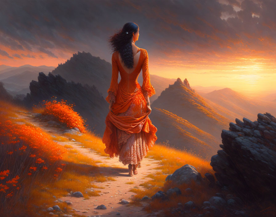 Woman in Orange Dress Walking on Mountain Path at Sunset