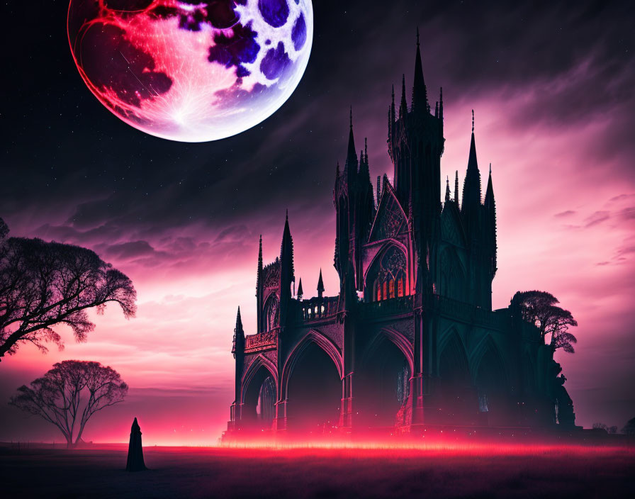 Gothic cathedral silhouette under purple and red night sky with large moon and lone figure.