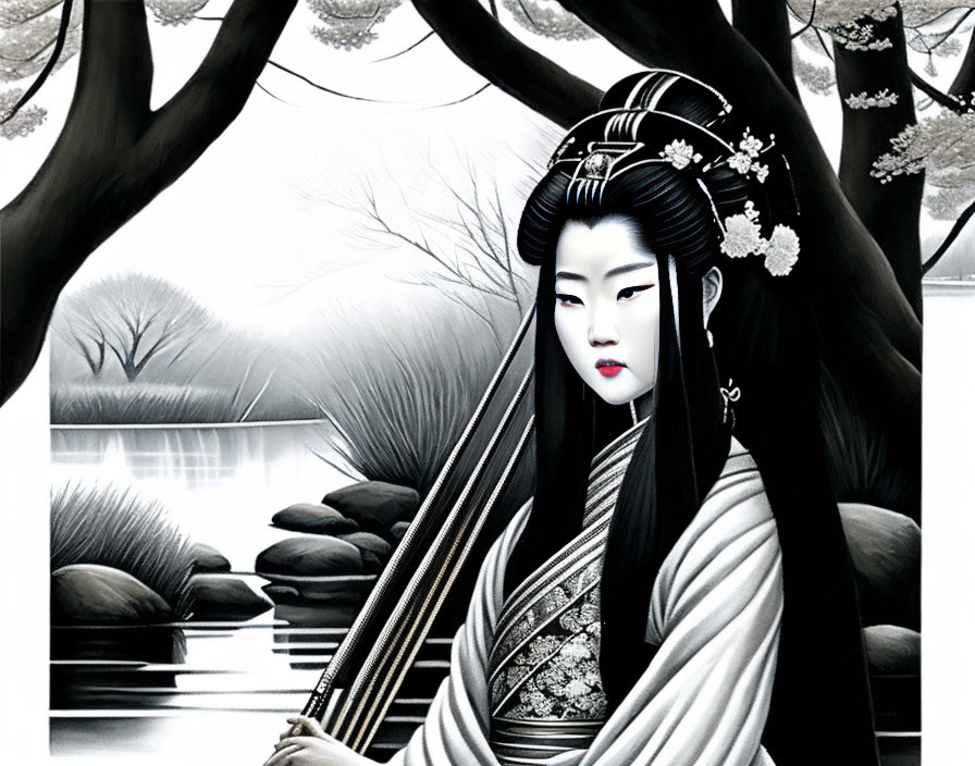 Traditional Japanese attire woman illustration against monochromatic backdrop