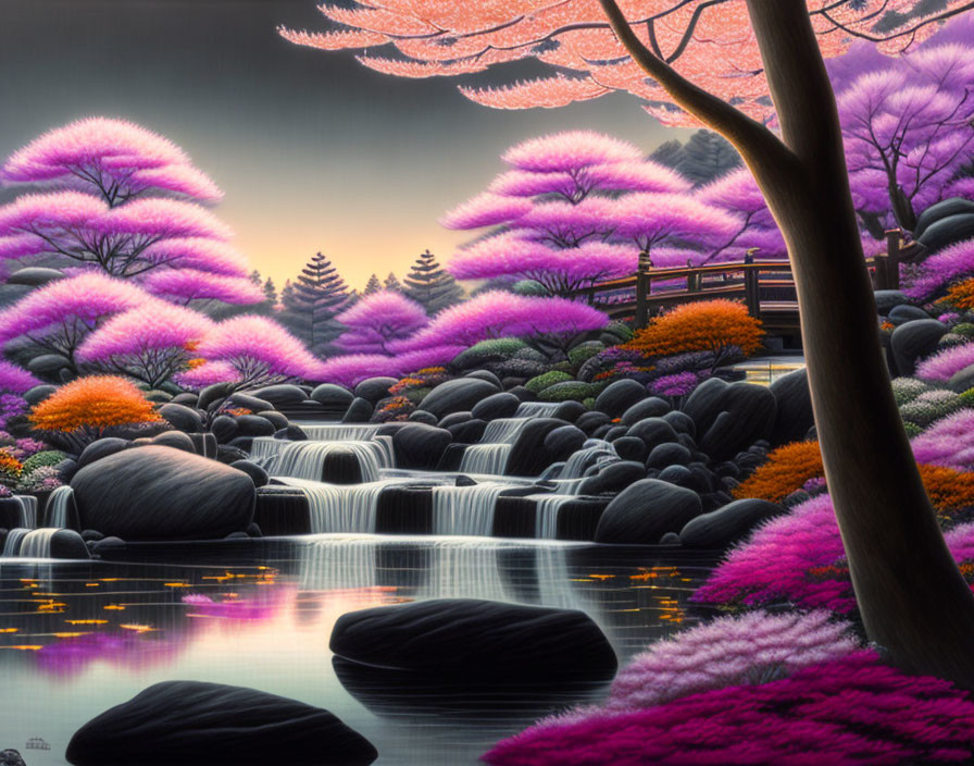 Tranquil waterfall landscape with purple trees and hazy sky