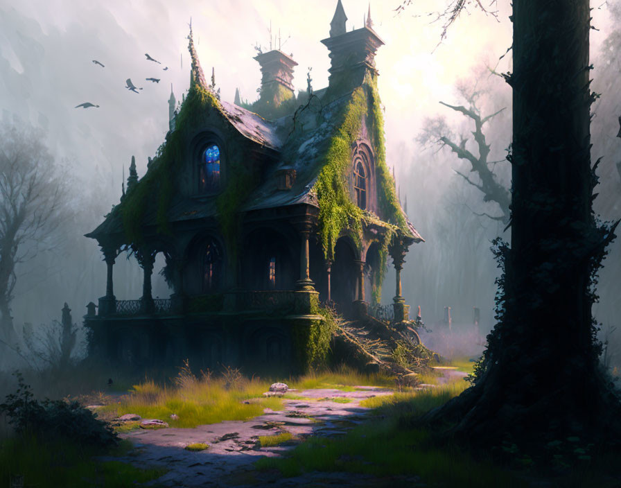 Victorian house in misty woods with moss, vines, and birds