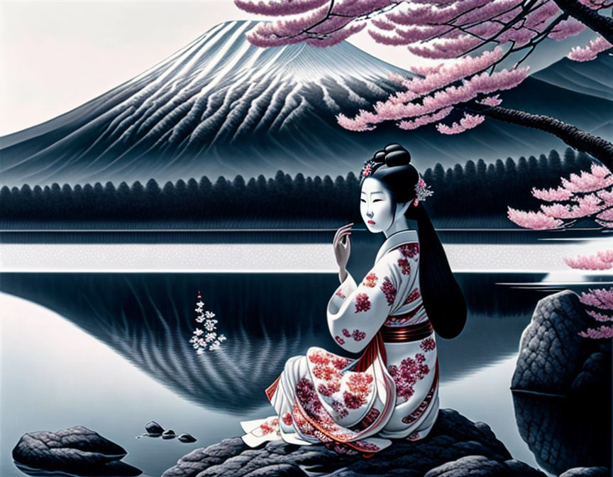 Tranquil Geisha by Water with Mount Fuji and Cherry Blossoms