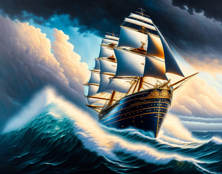 Majestic sailing ship with white sails navigating stormy seas