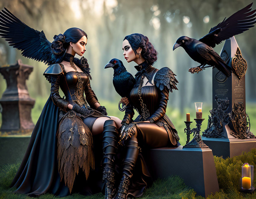 Two women in gothic attire with ravens in mystical forest scenery.