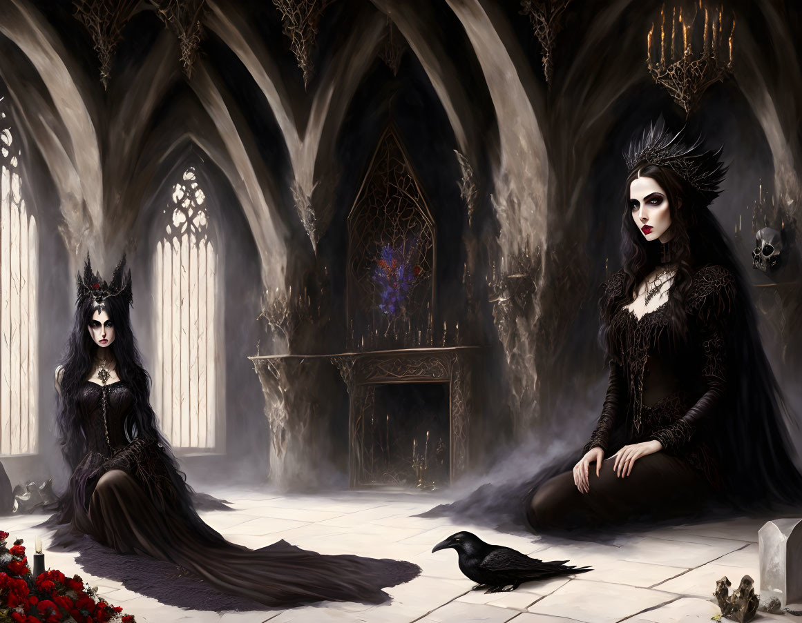 Gothic-style women in eerie room with candelabras and raven