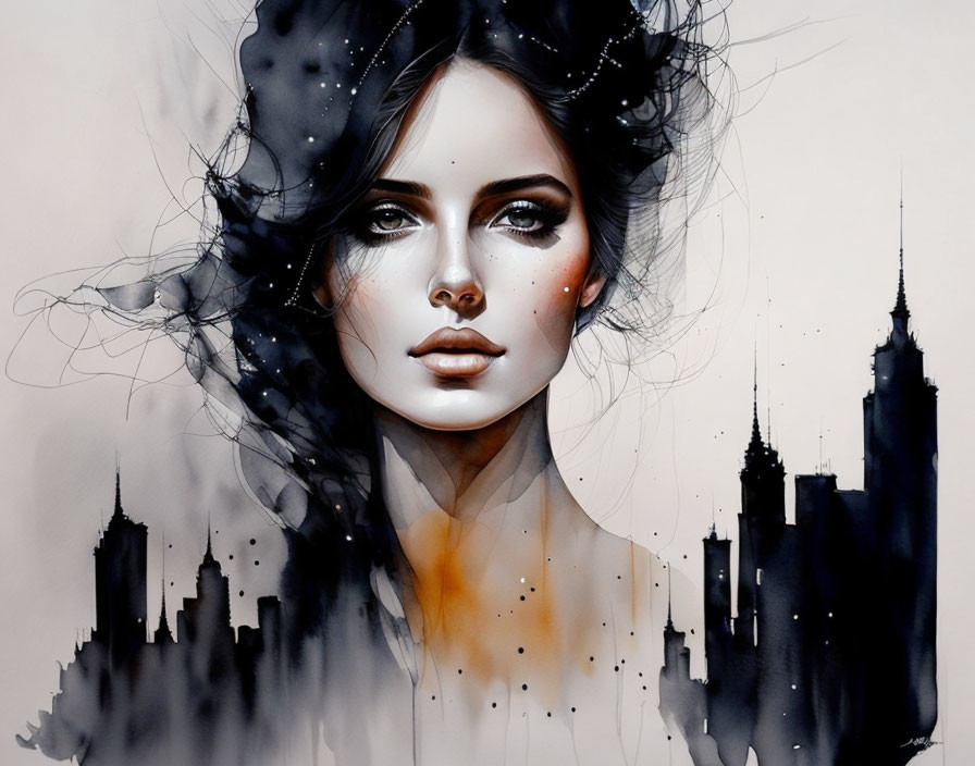 Woman with striking eyes and flowing hair in monochrome cityscape illustration