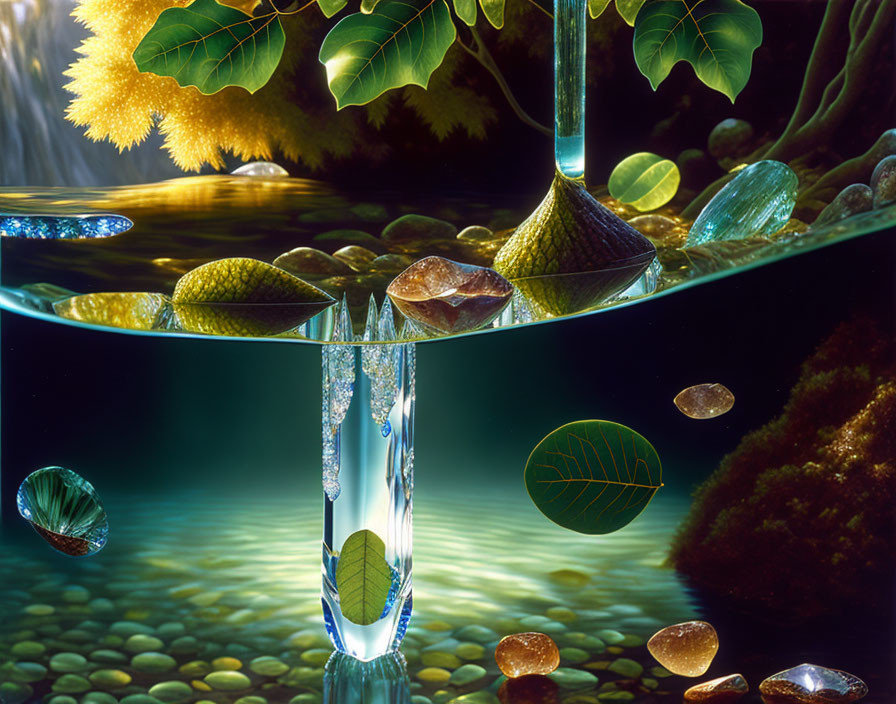 Tranquil underwater scene with falling water droplets and green leaves