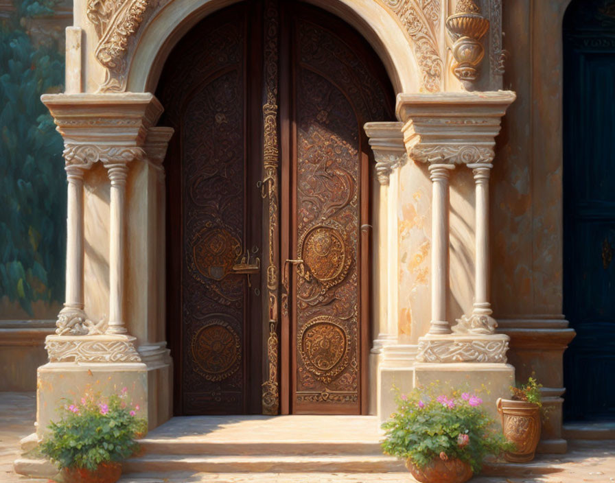 Elegant wooden double doors with metalwork, stone pillars, and potted flowers.