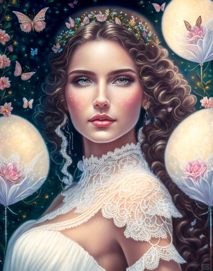 Digital painting: Woman with wavy hair, butterflies, and glowing flowers