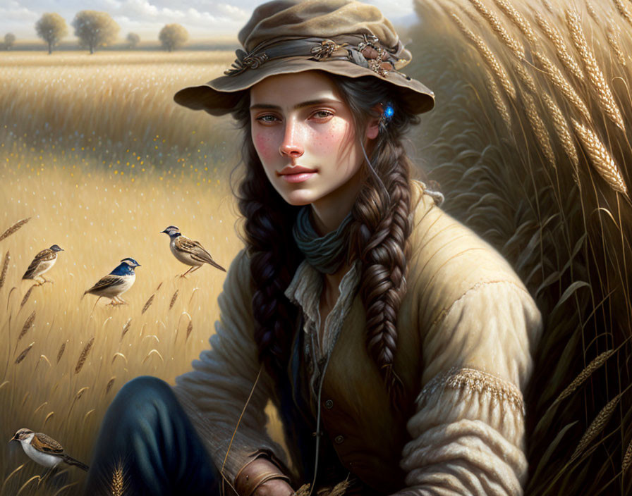 Digital painting: Young woman with braided hair in hat in wheat field with birds