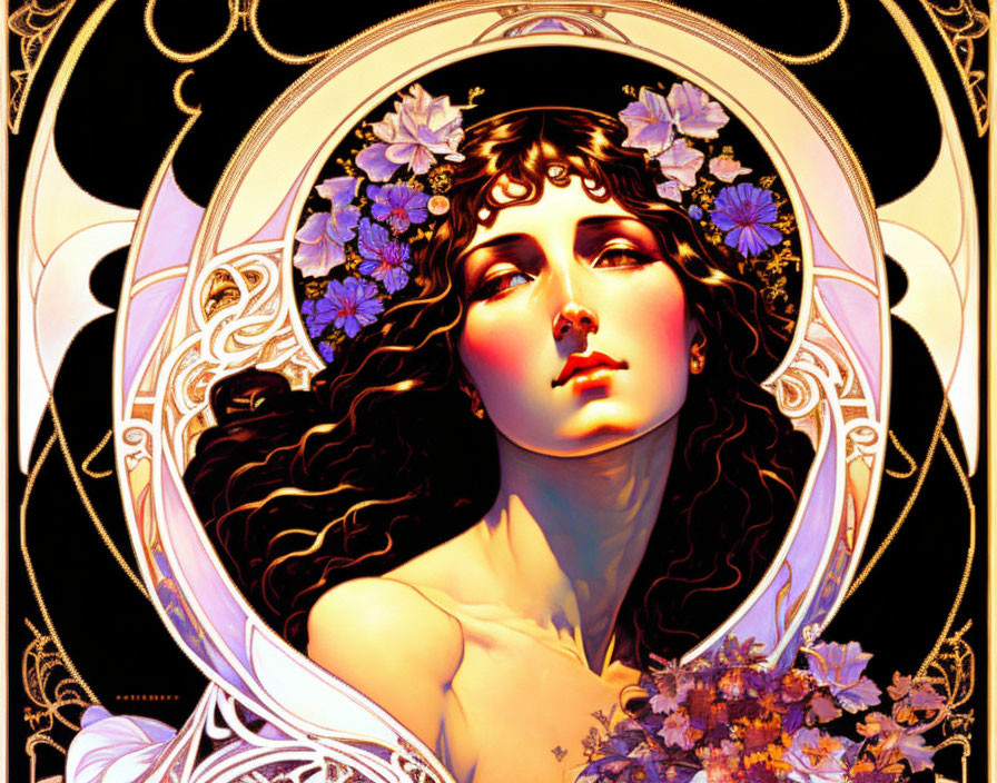 Art Nouveau Woman Illustration with Flowing Hair and Floral Adornments